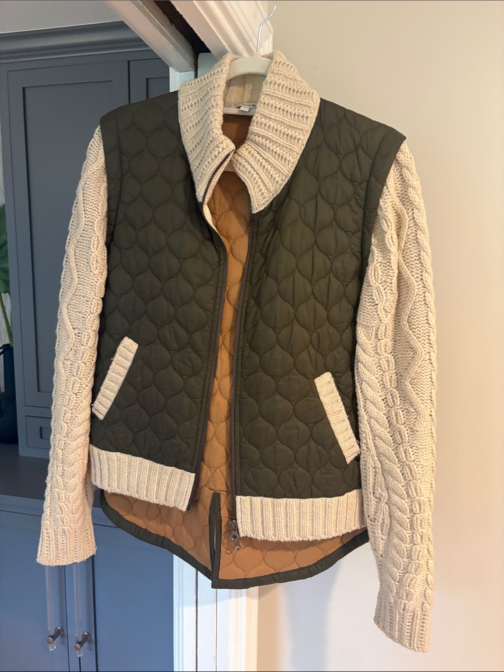 Veronica Beard Olive Green Quilted Utility Jacket with Cream Cable-Knit Sleeves